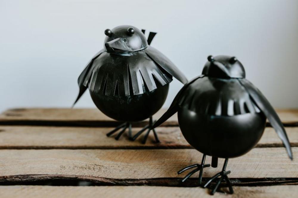 Little black plastic birds with a smartphone on a shelf Little black plastic birds with a smartphone on a shelf
