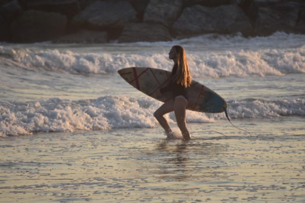 Young female surfer walking with h surfboard through the waves during golden hour Young female surfer walking with h surfboard through the waves during golden hour