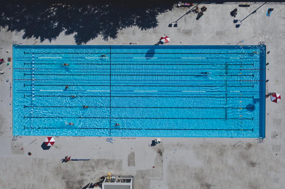 Aerial View Of Lane Swimming Pool From Drone Photo Aerial View Of Lane Swimming Pool From Drone Photo