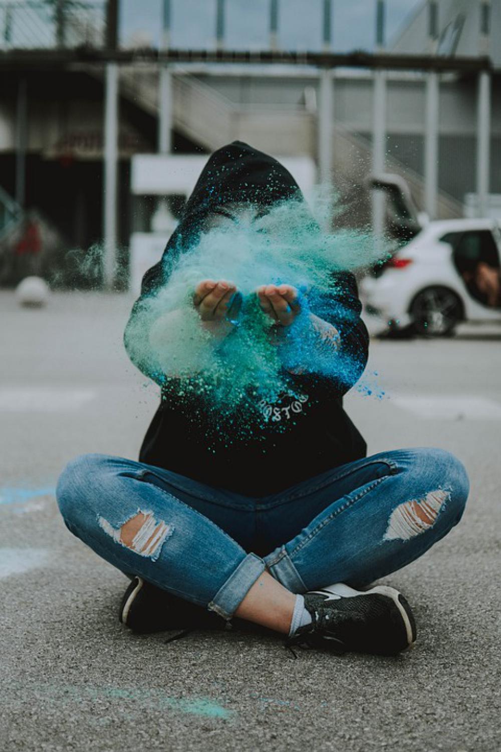Farbpulver Colorful Green Blue Throw Mask Person Farbpulver Colorful Green Blue Throw Mask Person