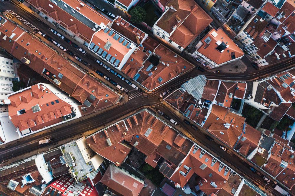 Overhead View From Drone Of Curved Lisbon Streets Photo Overhead View From Drone Of Curved Lisbon Streets Photo