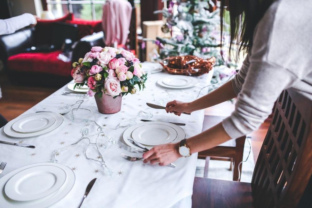 Table Preparing Set Christmas Holidays Woman Girl Table Preparing Set Christmas Holidays Woman Girl