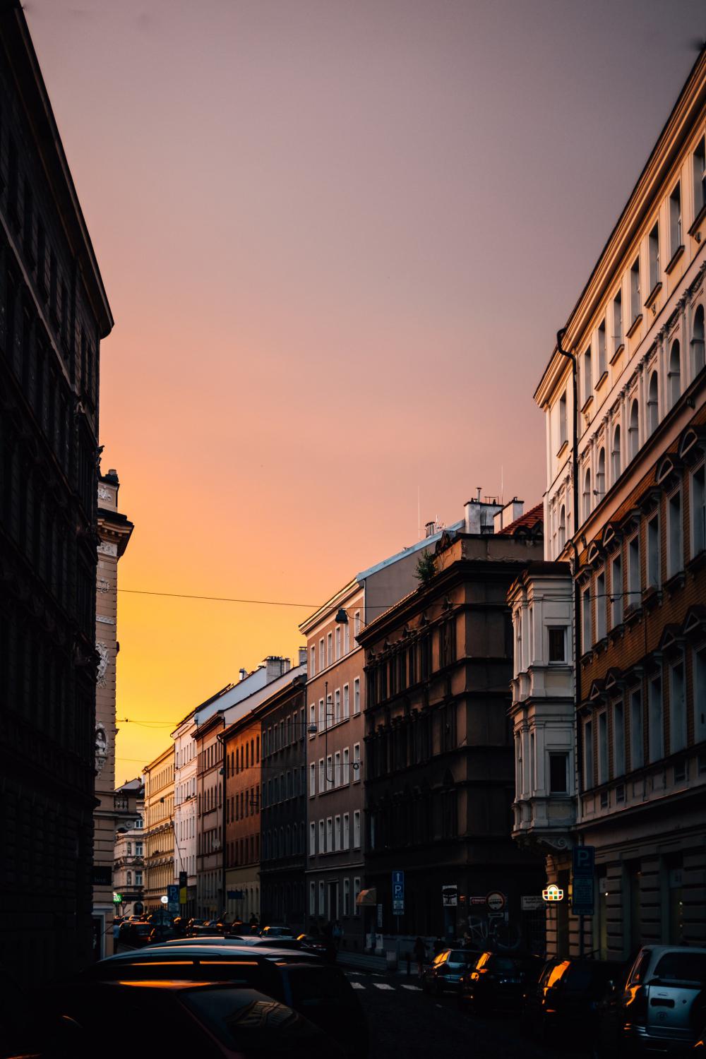 Setting Sun With Golden Sky Over City Photo Setting Sun With Golden Sky Over City Photo