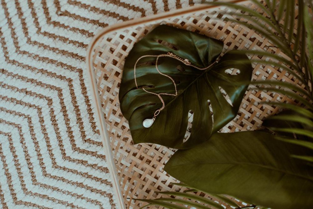 Necklace Laying On A Monstera Leaf Photo Necklace Laying On A Monstera Leaf Photo