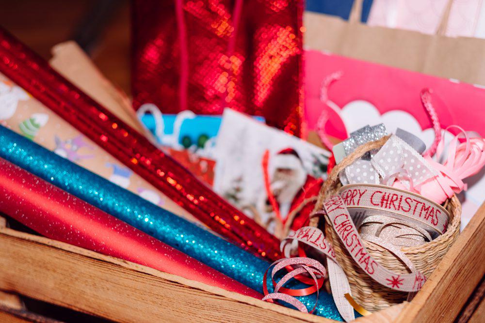 Christmas bags, wrapping paper and ribbons Christmas bags, wrapping paper and ribbons