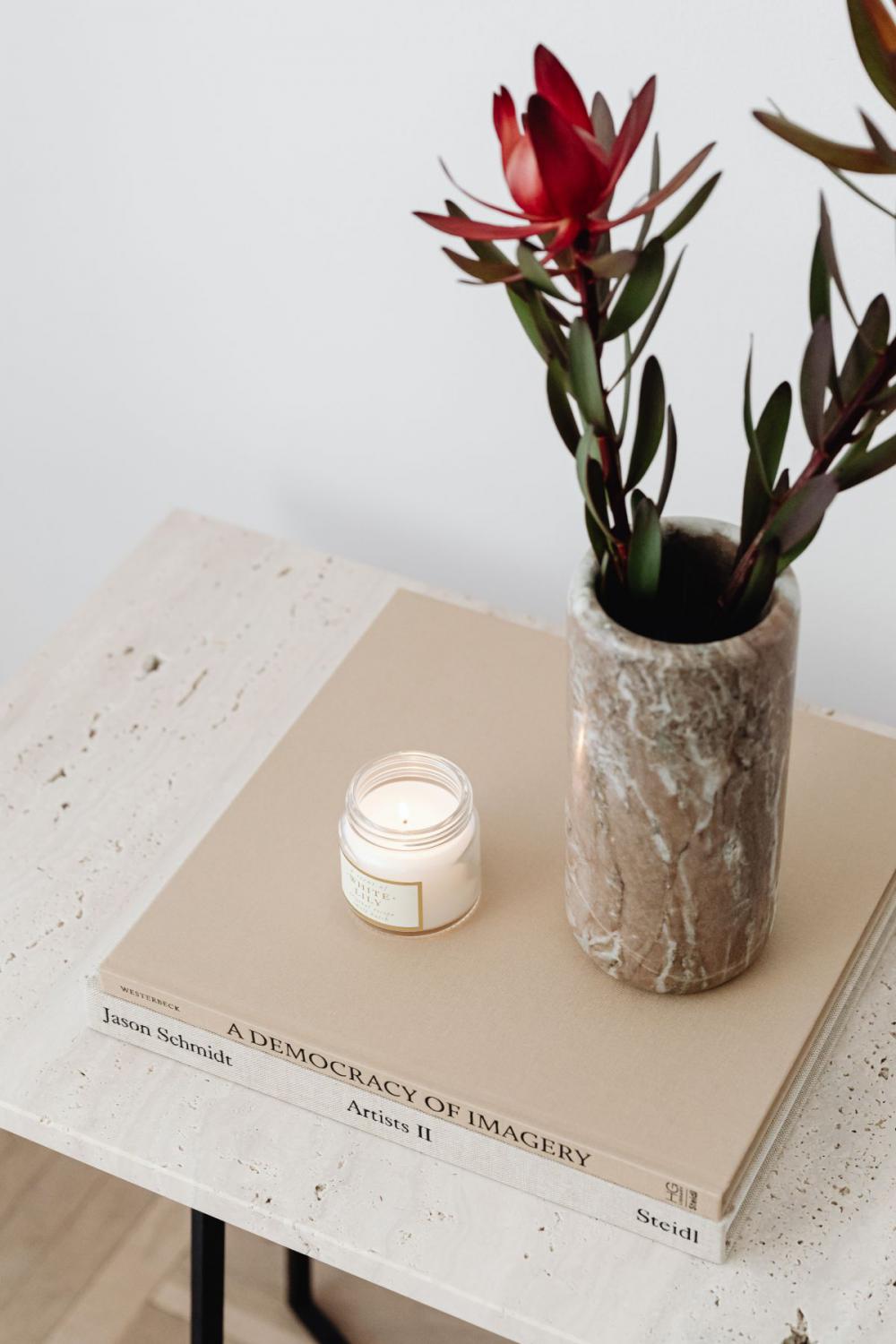 Beige aesthetics still life on travertine table Beige aesthetics still life on travertine table