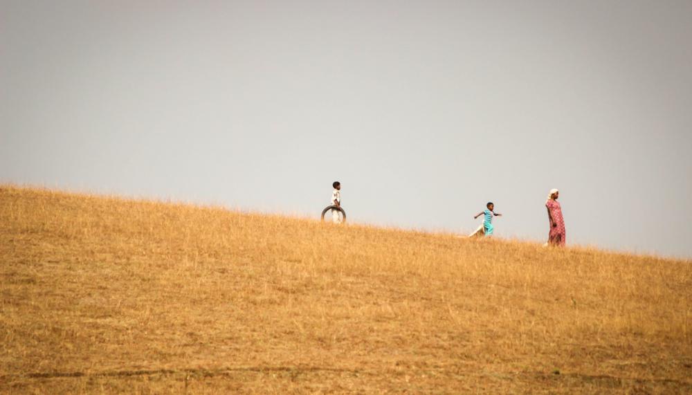 Woman And Two Children Stand In A Gold Colored Field Photo Woman And Two Children Stand In A Gold Colored Field Photo