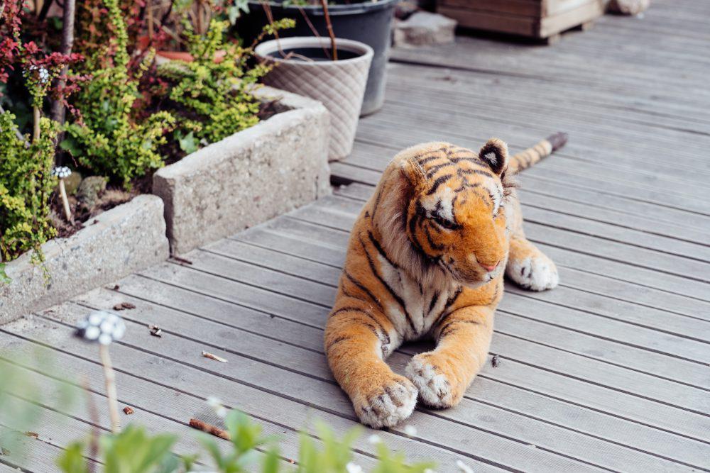 Big plush tiger toy on a wooden terrace Big plush tiger toy on a wooden terrace