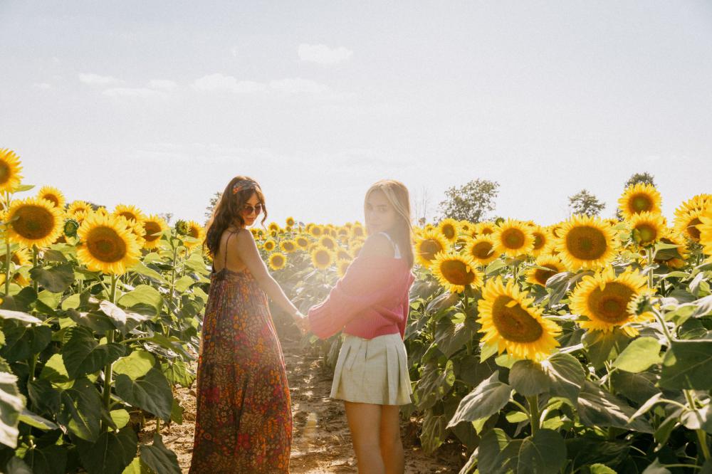 Two Woman Standing In A Sunflower Field Together Photo Two Woman Standing In A Sunflower Field Together Photo