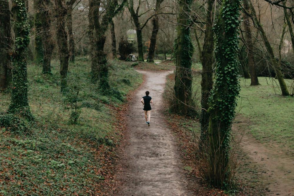A Person In Black Running On A Country Trail Photo A Person In Black Running On A Country Trail Photo