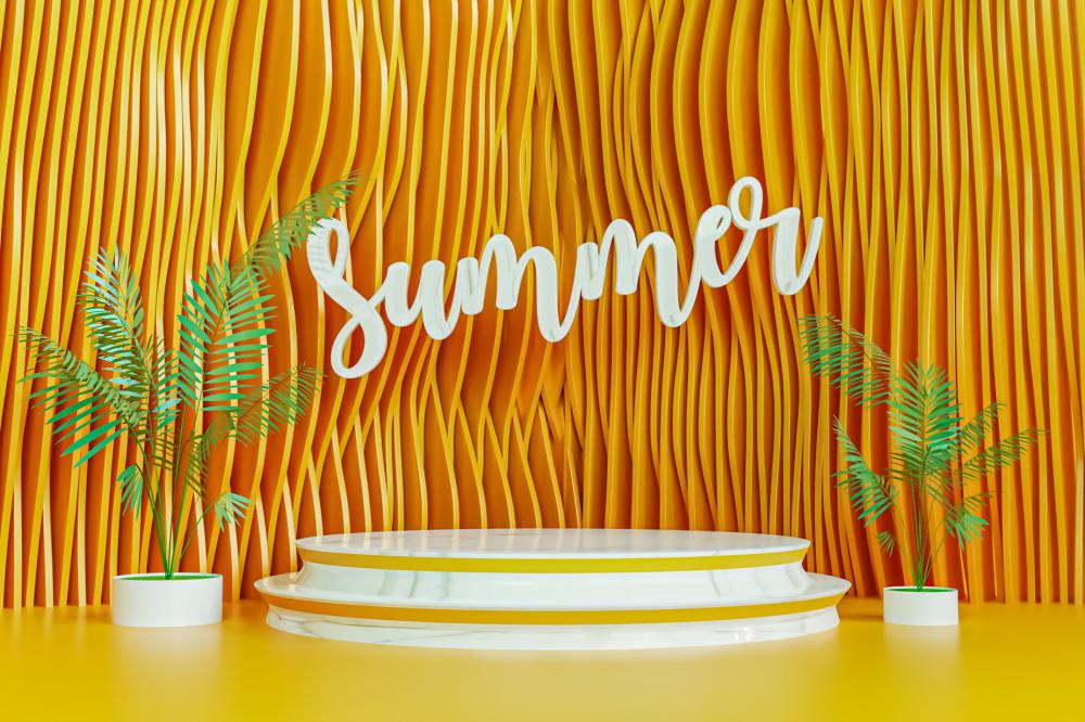 White Sign Says Summer Against A Yellow Curved Wall Photo White Sign Says Summer Against A Yellow Curved Wall Photo