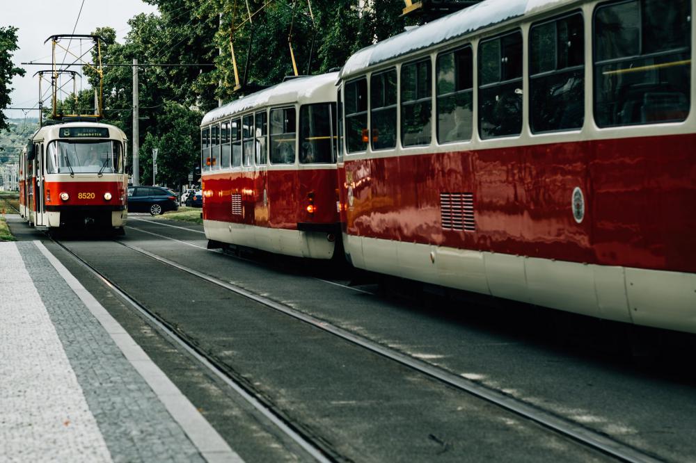 City Street With Three Red Street Cars Photo City Street With Three Red Street Cars Photo