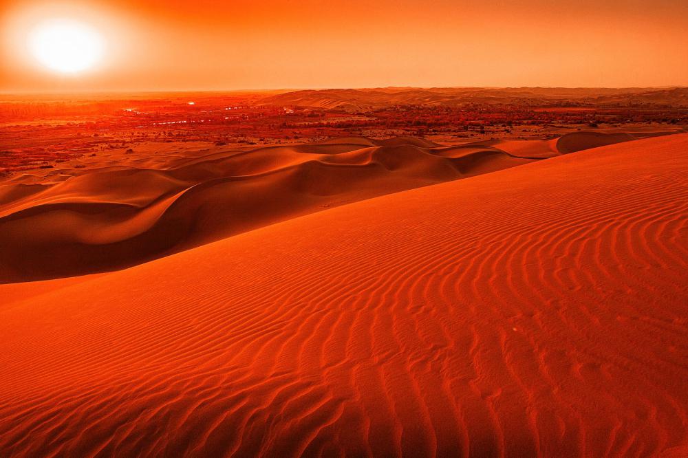 Orange Sunset Over Wavy Sand Dune Landscape Photo Orange Sunset Over Wavy Sand Dune Landscape Photo