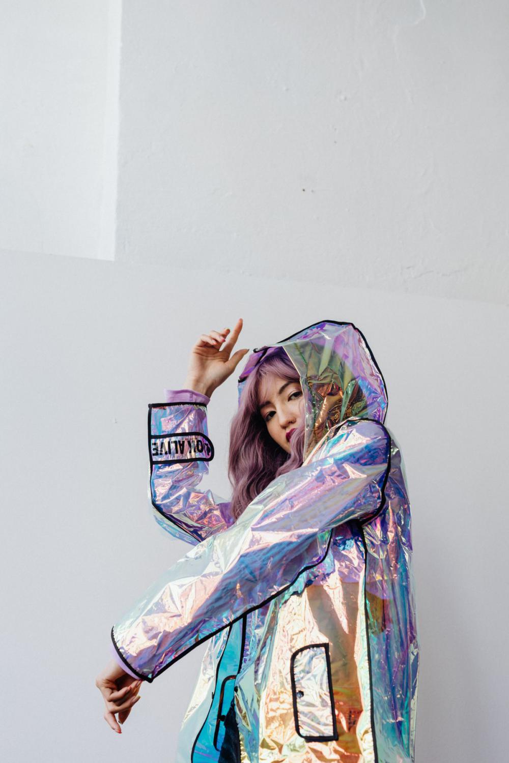 Futuristic photo shoot - beautiful Asian model - silver - neon colors - holographic Futuristic photo shoot - beautiful Asian model - silver - neon colors - holographic