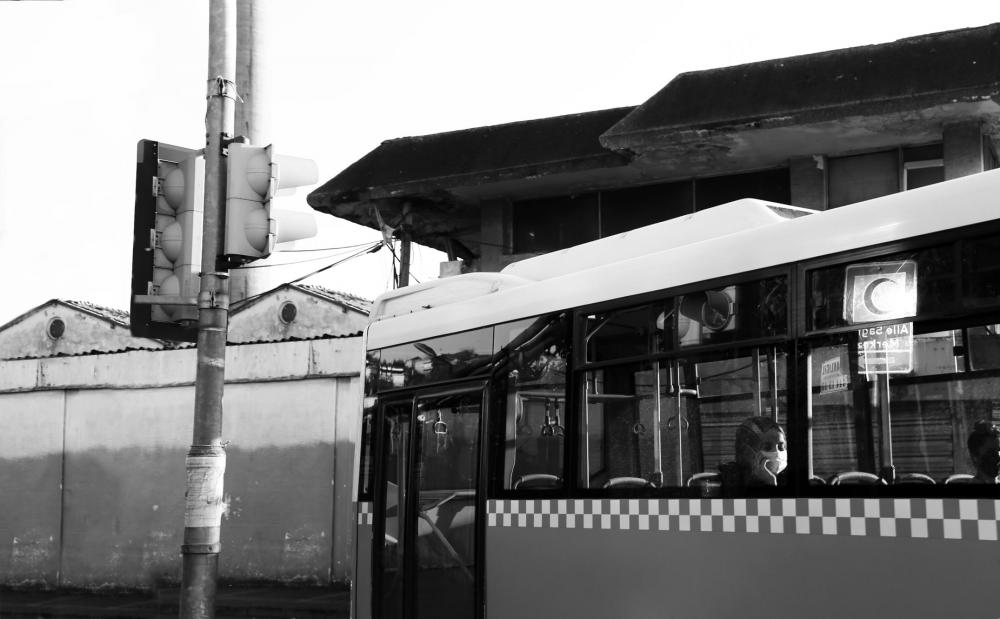 Bus At A Light With A Person In Their Phone Photo Bus At A Light With A Person In Their Phone Photo