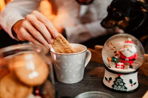 Cozy Christmas mood with hot chocolate and biscuits