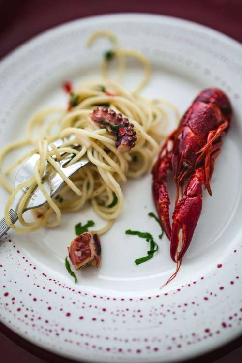 Fancy dinner with seafood pasta and crayfish