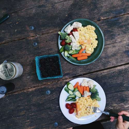 Healthy breakfast with eggs while camping