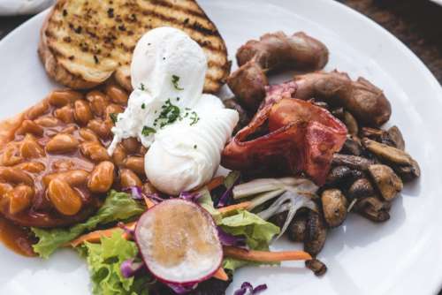 High protein brunch with poached eggs, beans and bacon