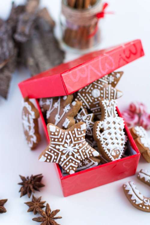 Traditional Christmas gingerbreads in a red paper box