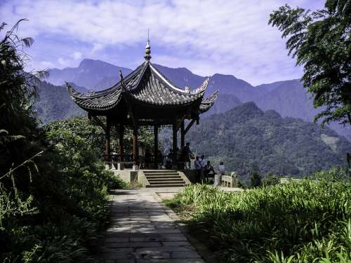 Guangfu pavilion, with summit visible in background in Mount Emei, Sichuan, China free photo