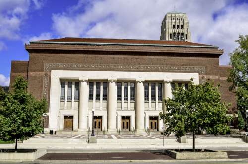 Hill Auditorium and Burton Tower at University of Michigan, Ann Arbor free photo