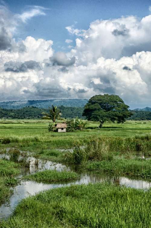 Hut and Stream in the landscape with clouds behind in the Philippines free photo