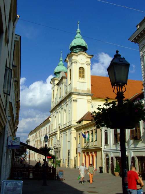 Király Street with buildings in Pecs, Hungary free photo