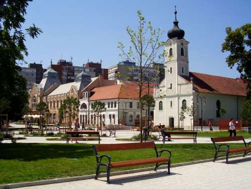 Main Square with buildings in Godollo, Hungary free photo