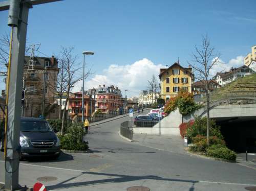 Montreux railway station and road in town in Switzerland free photo