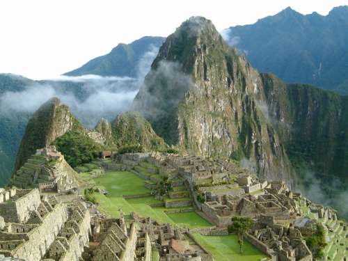 Mountainside and structures of Machu Picchu, Peru free photo