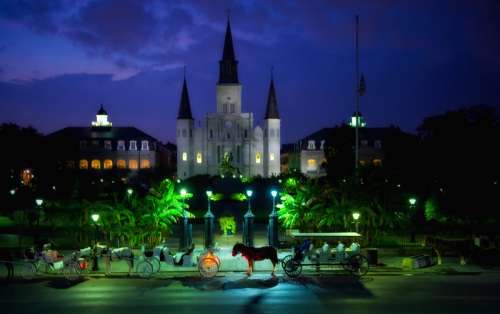 New Orleans evening city with horse carriages in Louisiana free photo