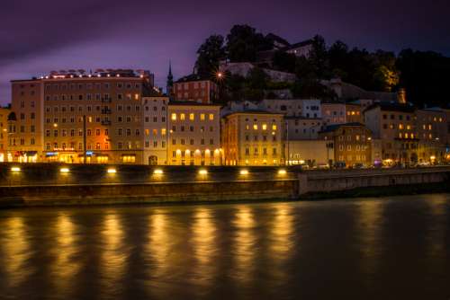 Night Time with lights on the river in Salzburg, Austria free photo