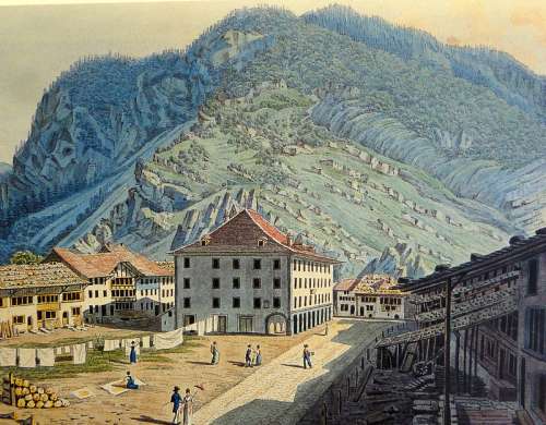 Print of Unterseen in 1819 hills and town free photo