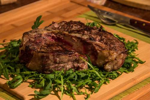 T-Bone Steak on some green leaves free photo