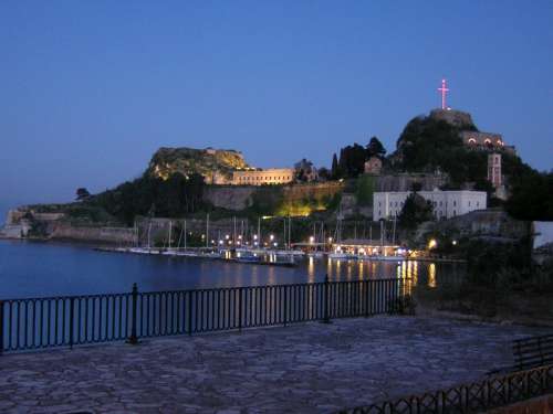 The northern side of the Venetian Old Fortress at night in Corfu, Greece free photo
