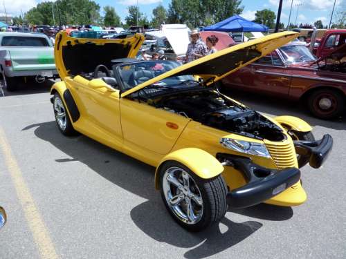 Yellow Hot Rod Car with Hood open free photo