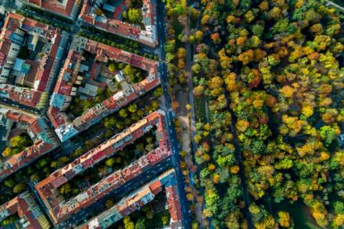 Amazing view on the historic buildings of Prague and autumn park. Aerial view.