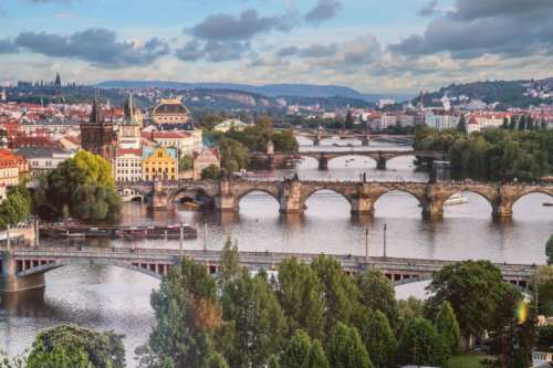 Prague city skyline and Charles Bridge, Prague, Czech Republic