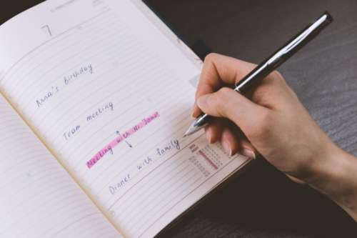 The woman’s hand holds a pencil and writes a plan into a diary at home