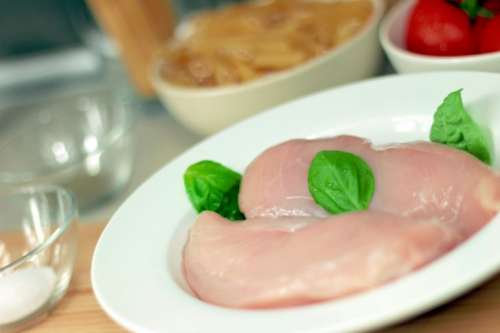 Chicken meat in the kitchen with basil on a plate