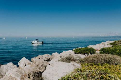 View from the rocky coast at the Adriatic Sea in the town of Izola, Slovenia