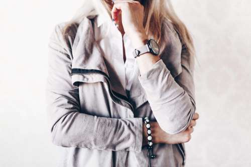 Girl Fashion Pose with Gray Watches and Suede Jacket #2