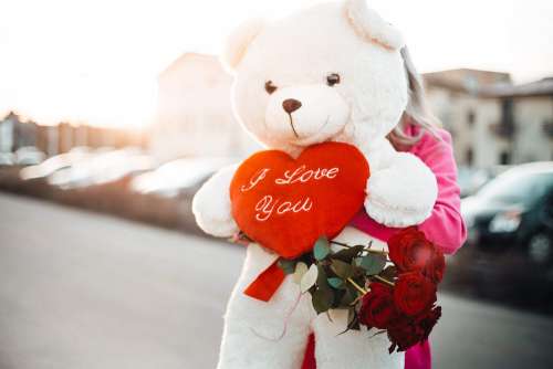 Woman Holding a Big Teddy Bear with I Love You Heart