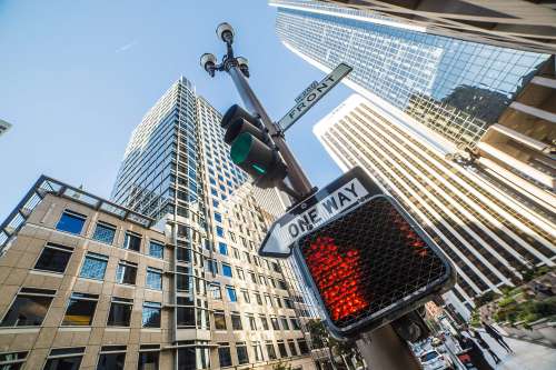 No Way Sign on Traffic Light Pole in the City