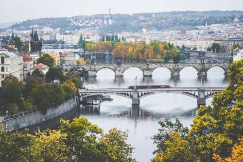 Old Prague Bridges in Autumn Morning