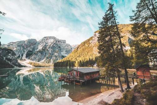 Old Wooden House on Braies Lake, Italy Dolomites