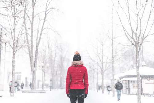 Woman Standing in The Middle of The Park in Snowy Weather