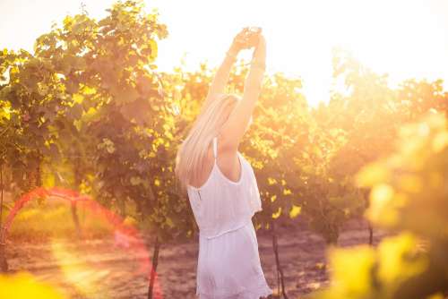 Young Girl Enjoying Happy Moments and Dancing in Vineyard