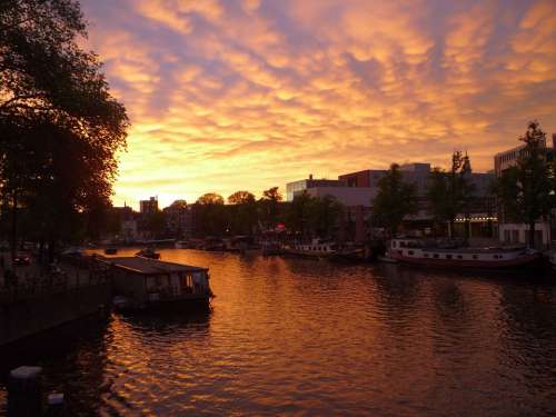Amsterdam Sun Dusk Sunset City Architecture River